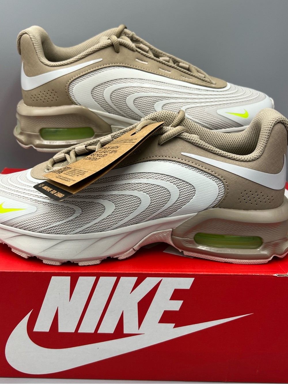 Nike Men's Athletic Shoes in White and Tan with Neon Green Accents